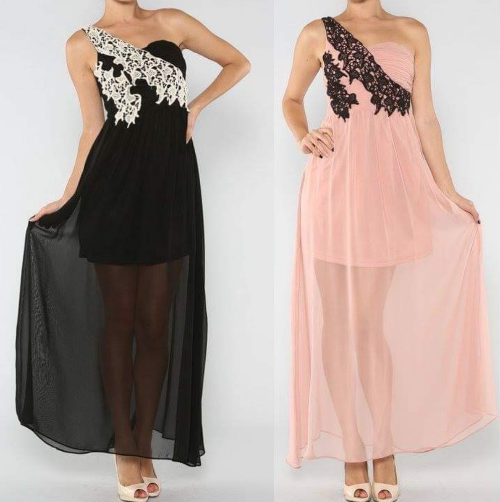 ANTHROPOLOGIE #58 Black + Pink Floral Embroidered One Shoulder Maxi Dress S/L